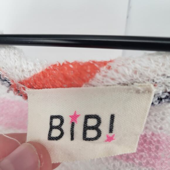 Bibi Womens Sz M Short Sleeve V Neck Rainbow Stripe Shirt Loose Knit - Picture 3 of 4